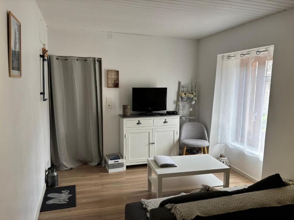 a living room with a couch and a tv at Logement Sainte-Énimie in Sainte-Énimie