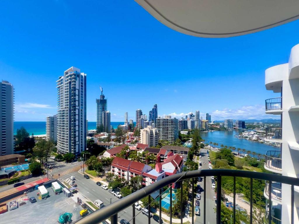 a view of the city from a balcony at The Enderley Escape in Gold Coast