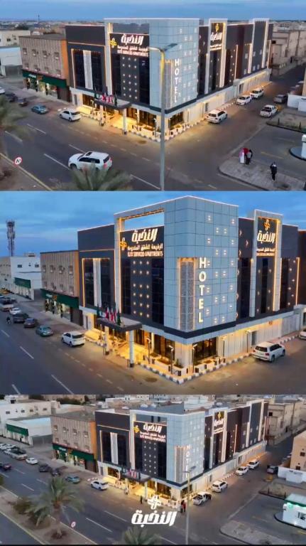 two pictures of a shopping center with a building at النخبة الرفيعة للشقق المخدومة in Al Qurayyat