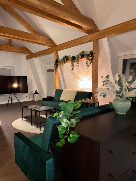 a living room with a green couch and a tv at Deluxe Loft in Bad Kissingen