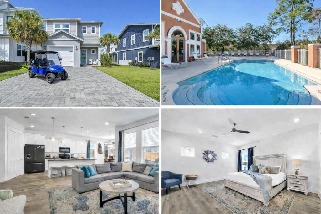 a collage of pictures of a house with a swimming pool at Emerald Escape in Destin, Miramar Beach! 4BR, 4BA, 1st Floor Bedroom, Sleeps up to 14, Golf Cart Included, Pool, Pet Friendly, Private Deeded Beach Access & Gated Community! in Destin