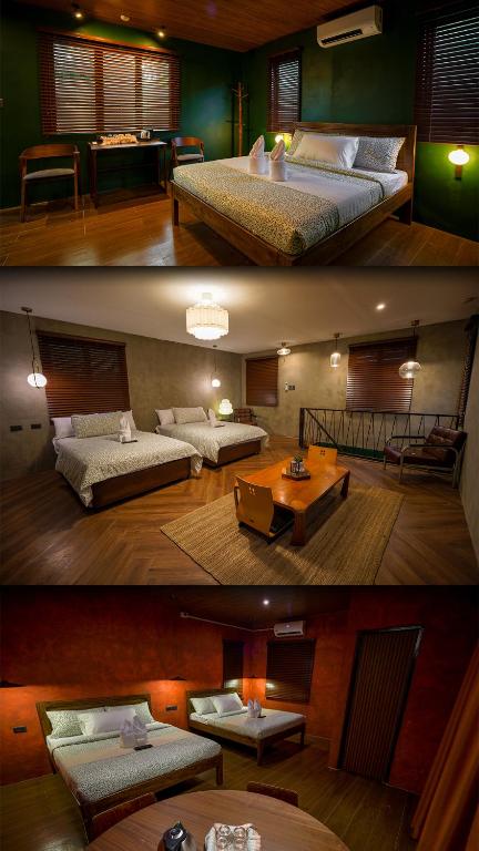 two different pictures of a bedroom with beds and a table at Aran Villas in Santa Maria