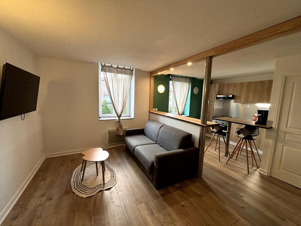 a living room with a couch and a table at Le coeur du Velay 2 personnes in Le Puy-en-Velay