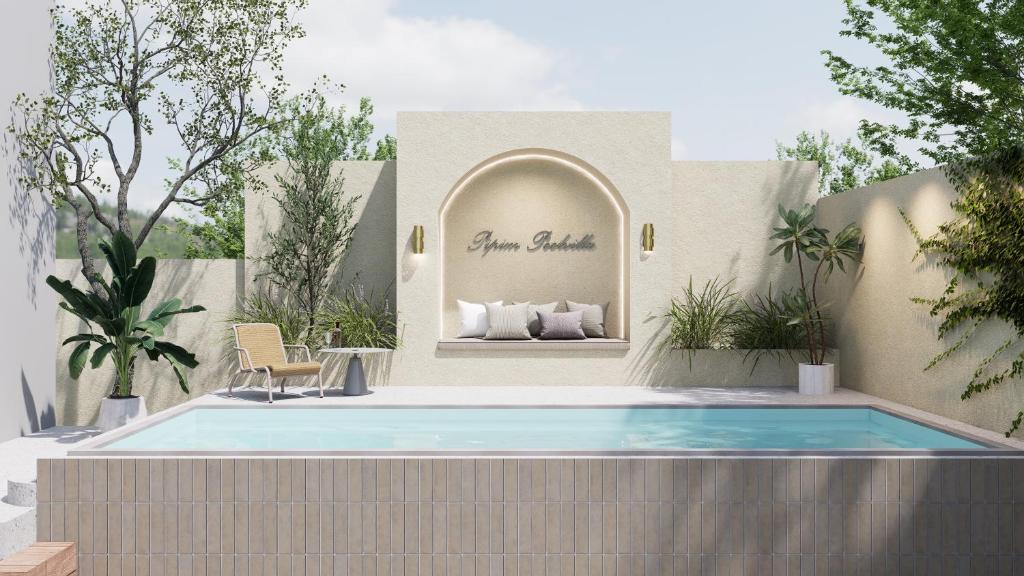 a swimming pool in a yard with a table and a chair at Pipim villa in Ban Chak Makham