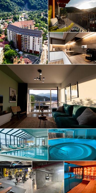 a collage of four pictures of a building at Hedarom in Sinaia