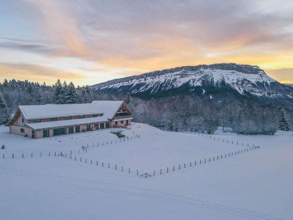 a house in the snow with a mountain in the background at Chalet de la Villette in Les Déserts