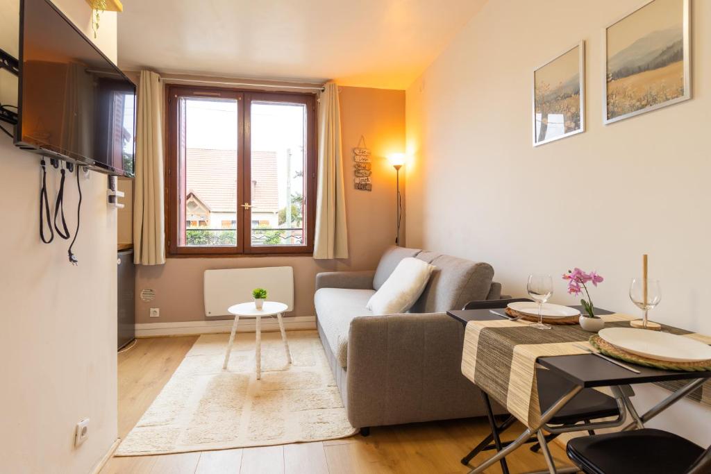 a living room with a couch and a table at Studio à Champigny sur marne in Champigny-sur-Marne