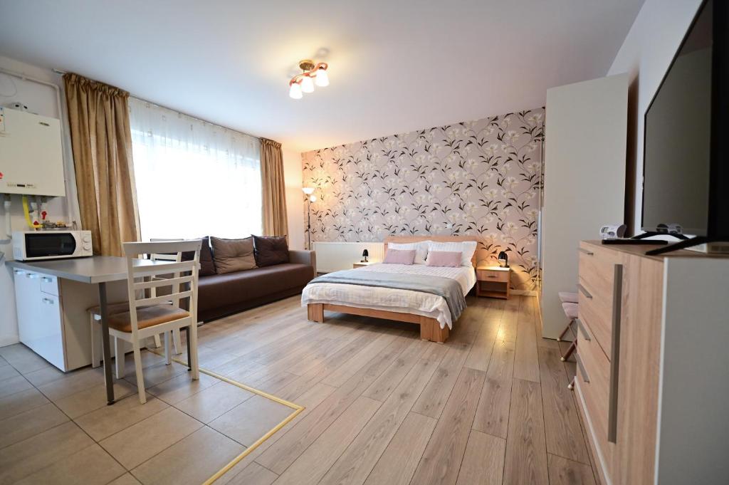 a bedroom with a bed and a desk and a couch at FLH - Binder Lake View with AC in Sibiu