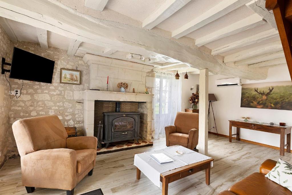 a living room with a fireplace and two chairs at Gîte Du Parc in La Celle-Saint-Avant