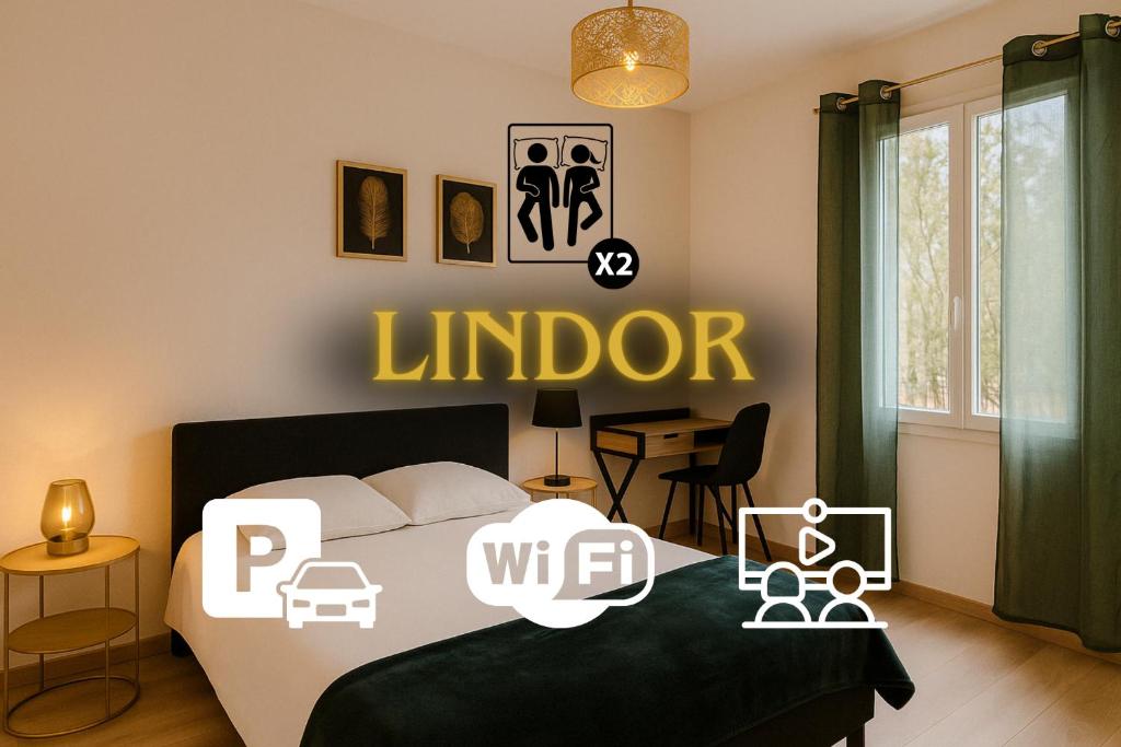 a bedroom with a bed and a sign that reads linder at Duplex Lindor élégant - 2 chambres jusqu'à 4 personnes - Parking gratuit in Angoulême