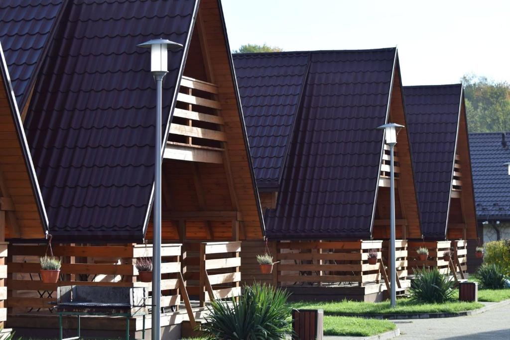 a row of houses with brown roofs and street lights at Przystań - Aktywna strona Iłży in Iłża