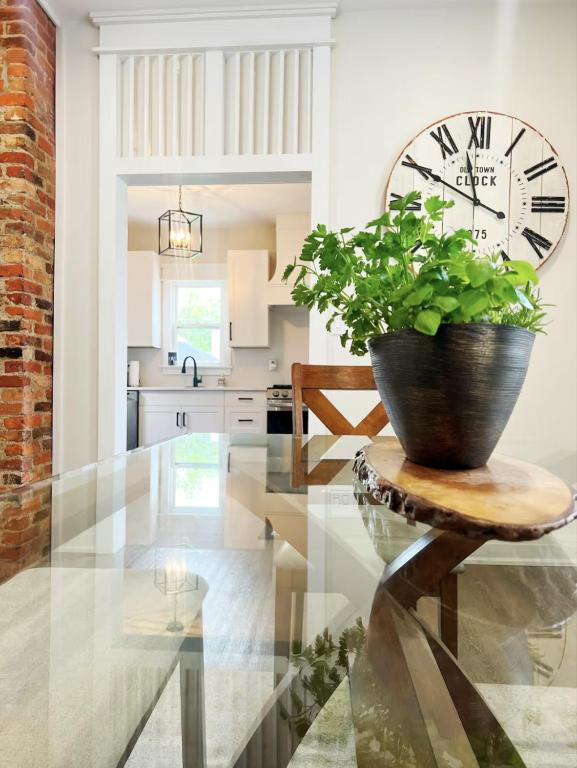 a table with a potted plant on it in a kitchen at Trendy Home Spacious Backyard Historic Walkerville in Windsor