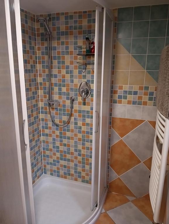 a bathroom with a shower with a glass door at Pravda in Loket