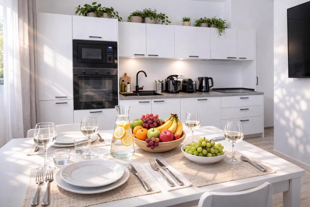 a white kitchen with a table with a bowl of fruit at Bormio7 con parcheggio, pista ciclabile, vicino piste sci e terme in Valdisotto