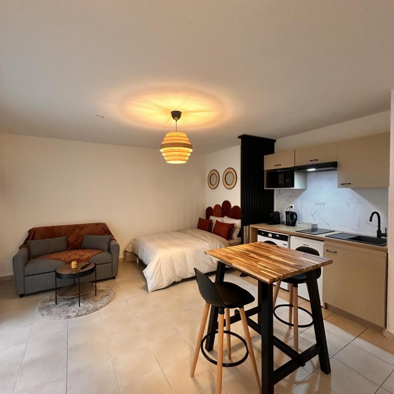 a kitchen and living room with a couch and a table at Les Jardins de Rastel Studio in Lyon