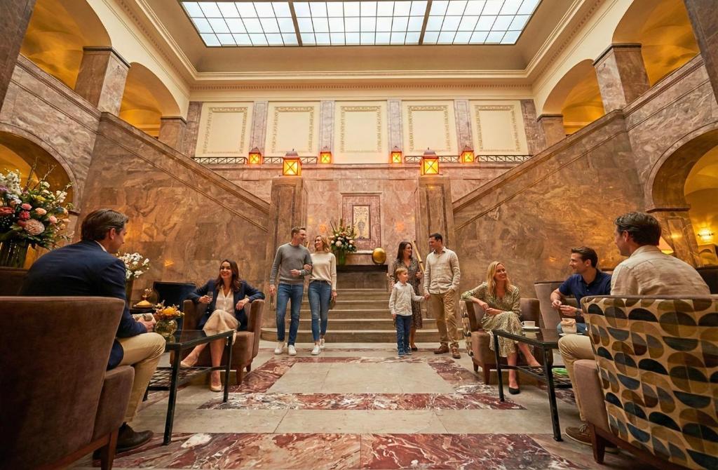 a family walking down the stairs of a building at H24 Parkhotel Thale in Thale