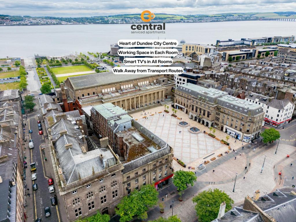 an aerial view of the city centre of geneva at Castle Street by CENTRAL SERVICED APARTMENTS - Heart of City Centre - 2 x Double Bedrooms - Working Desk Spaces - Smart TVs in All Rooms - Close to Transport Routes - Fully Equipped in Dundee