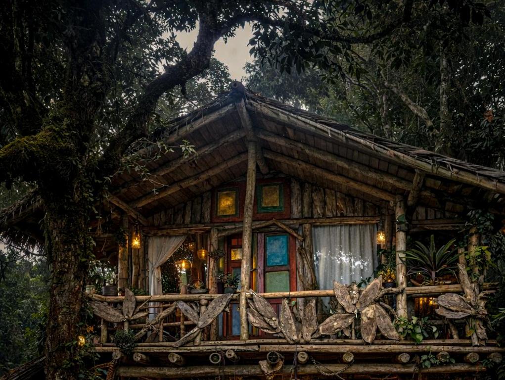 a tree house with a balcony in a forest at Cabaña el Leñador in Santa Elena