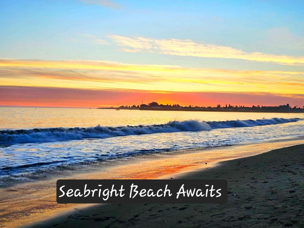 a beach at sunset with the words seventh breath awaits at Seabright Breeze in Santa Cruz