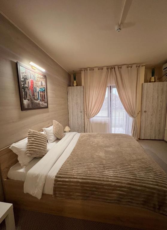a bedroom with a large bed and a window at PENSIUNEA UNO in Timişoara