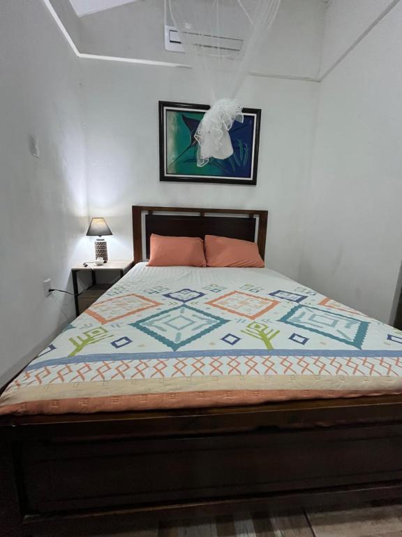 a bedroom with a bed with a quilt on it at Secret Paradise in Cocles