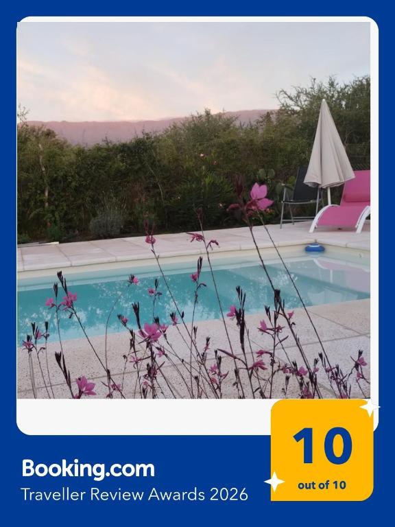 a picture of a swimming pool with pink flowers at Arawi Cabaña in Merlo