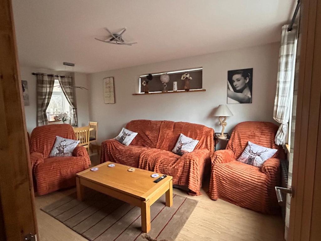 a living room with two couches and a coffee table at Forest view in Staunton