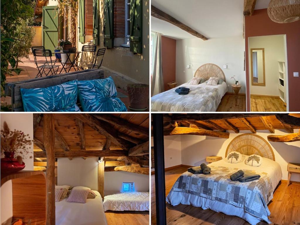 a collage of four pictures of a room with two beds at 3 chambres d'hôtes de charme avec jacuzzi & sauna au Clos de la Lèze in Lézat-sur-Lèze
