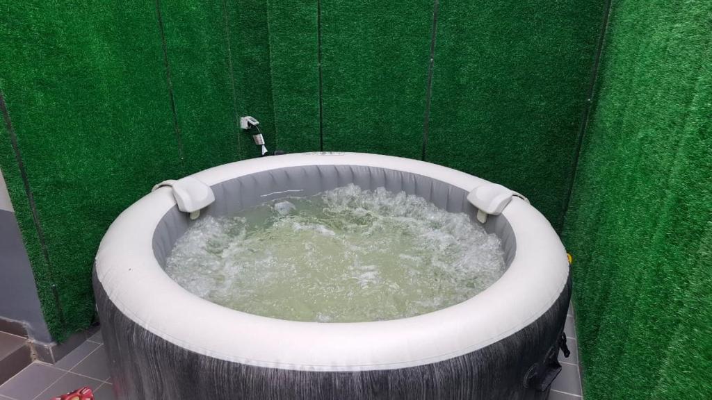 eine mit Wasser gefüllte Badewanne in einer grünen Wand in der Unterkunft La toure in M'bour