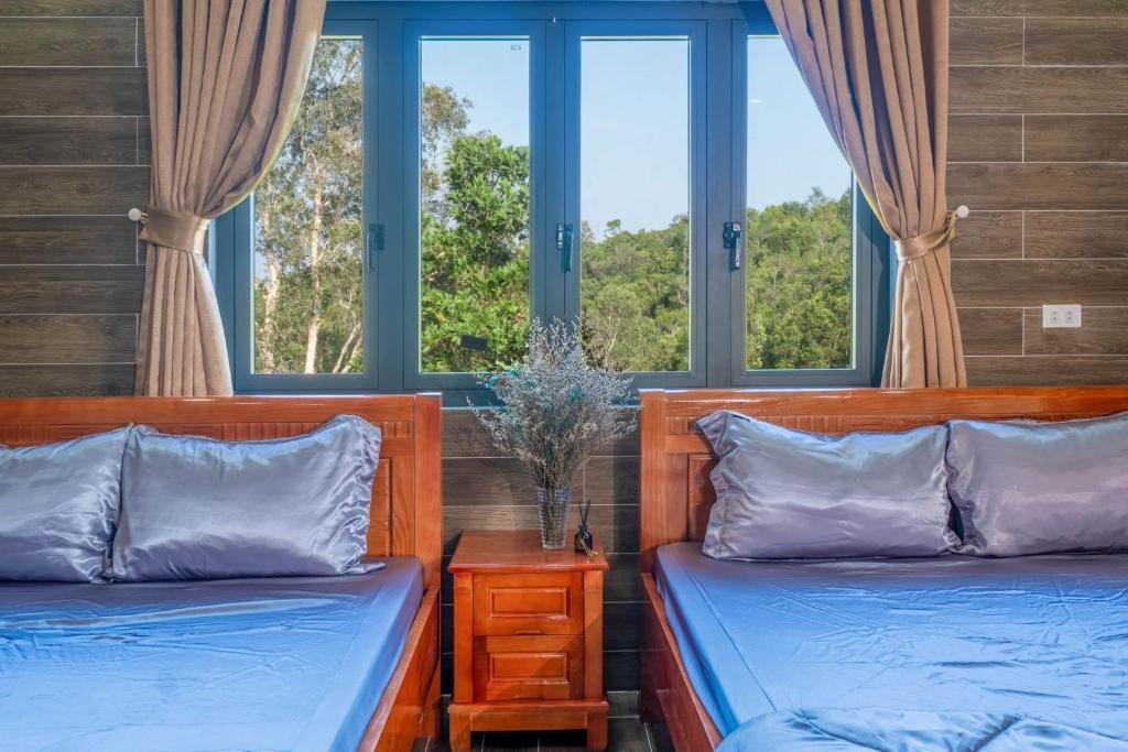 two beds in a room with two windows at Thiên Vy Homestay in Phú Quốc