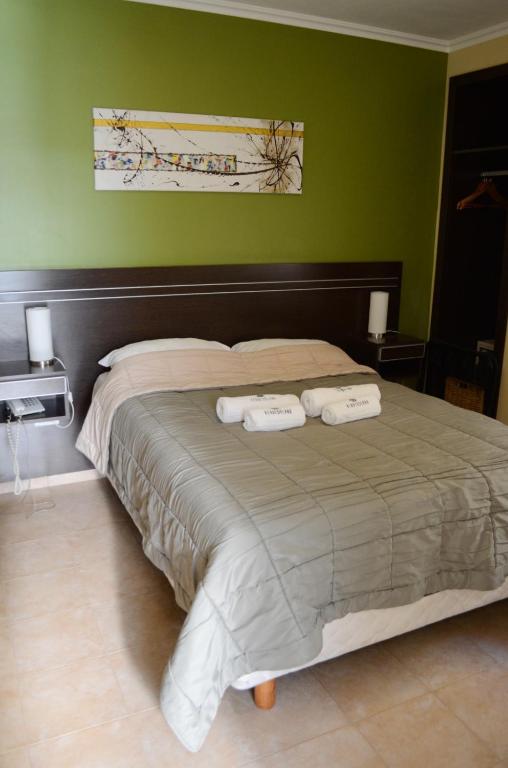 a bedroom with a large bed with two towels on it at Hotel Suite y SPA VerdeSolaro in Villa Elisa