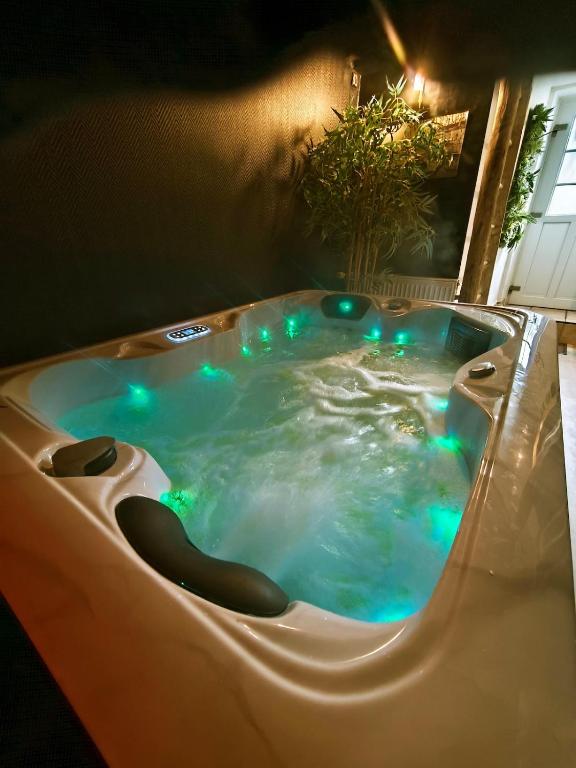 a jacuzzi tub with blue lights in a bathroom at Spa et Sauna Le Roosevelt in Château-Thierry