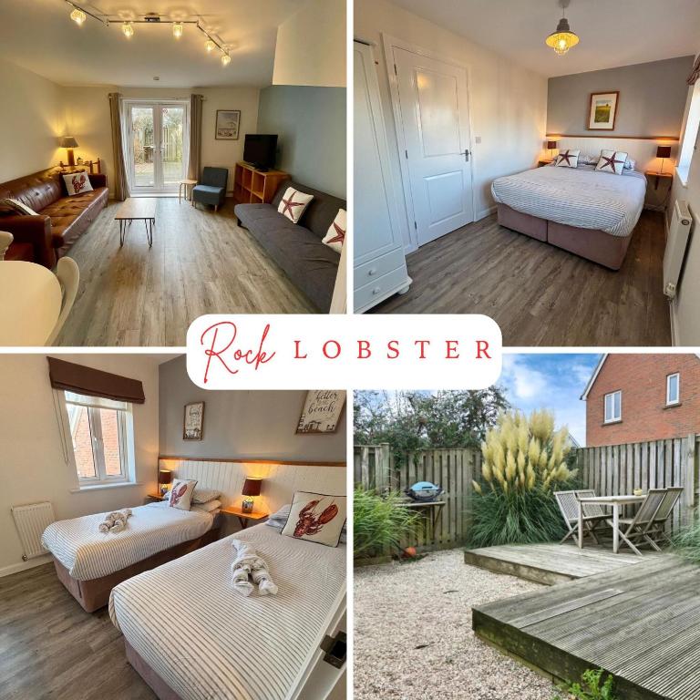 a collage of four pictures of a room with two beds at Rock Lobster in Camber