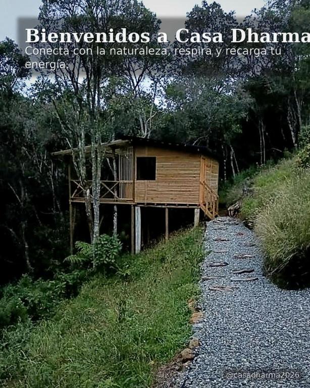 a small wooden building on a hill with a path at Casa dharma in Medellín