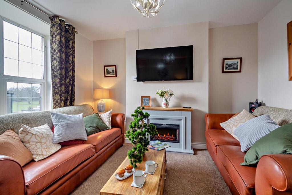 a living room with two couches and a fireplace at 3 Bed in Llanbedr oc-t28932 in Llanbedr