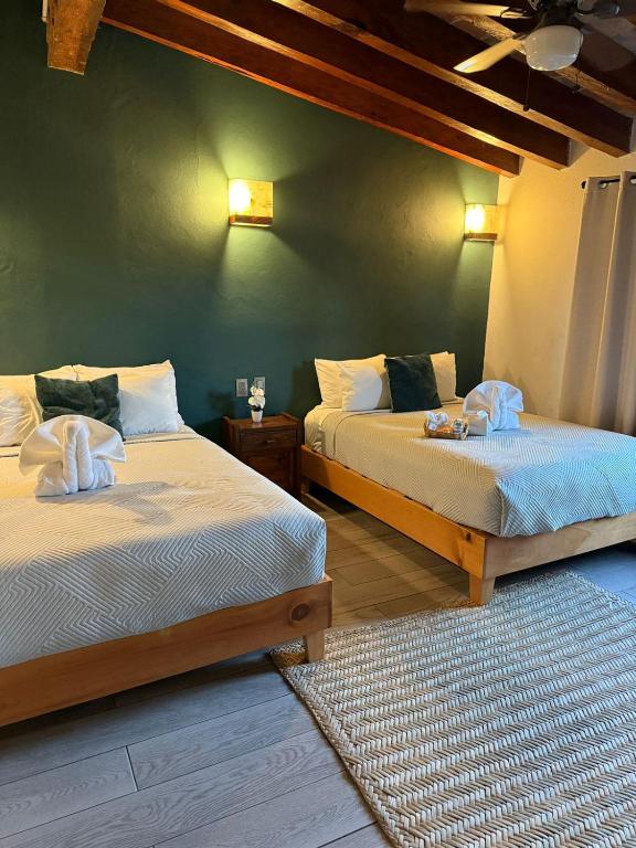 a bedroom with two beds and a green wall at Hotel las Orquideas in Valle de Bravo