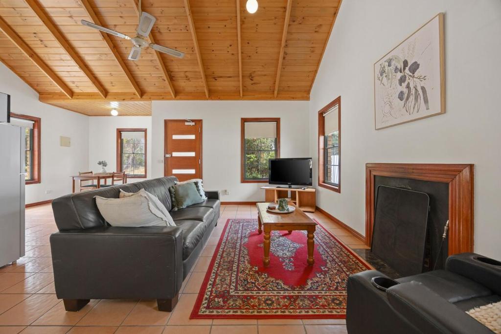 a living room with a couch and a fireplace at Mountainside Villa One in Halls Gap
