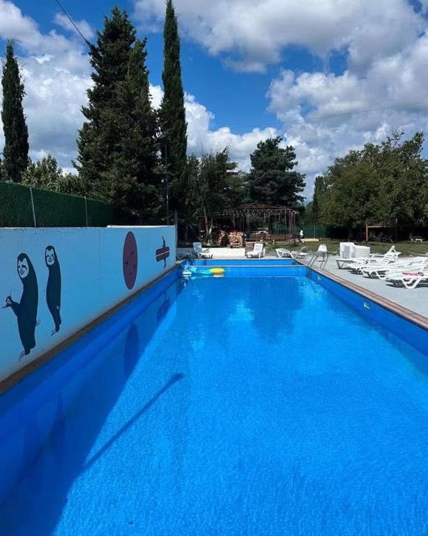 a large blue swimming pool with chairs and trees at Bazaleti Heaven in Bazalet'i