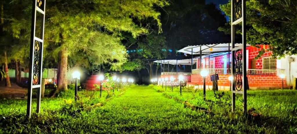 a park at night with lights in the grass at Greenwoods Resort Dandeli in Kervād