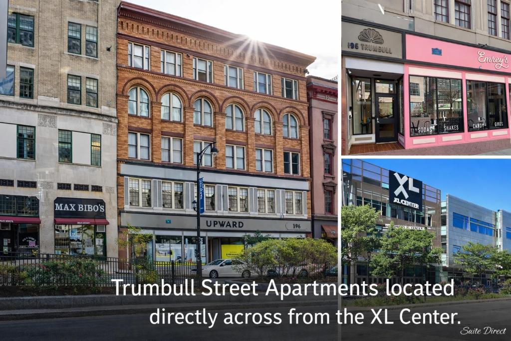 a collage of photos of a street with buildings at Pratt St Brand New Studio Loft Elevator Building in Hartford
