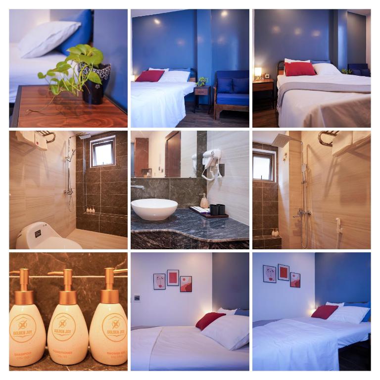a collage of different pictures of a hotel room at Hotel Golden Joy Stay in Hai Phong