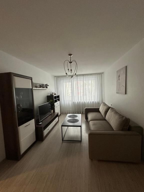 a living room with a couch and a tv at Parko apartamentai in Panevėžys