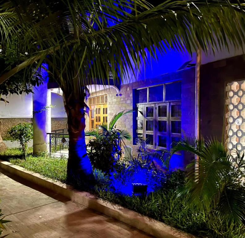 a house with a palm tree and blue lights at The Ocean Pearl in Diani Beach