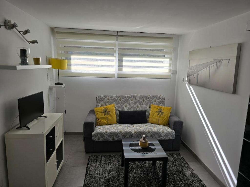 a living room with a couch and a table at Petite maison T2 in Valence