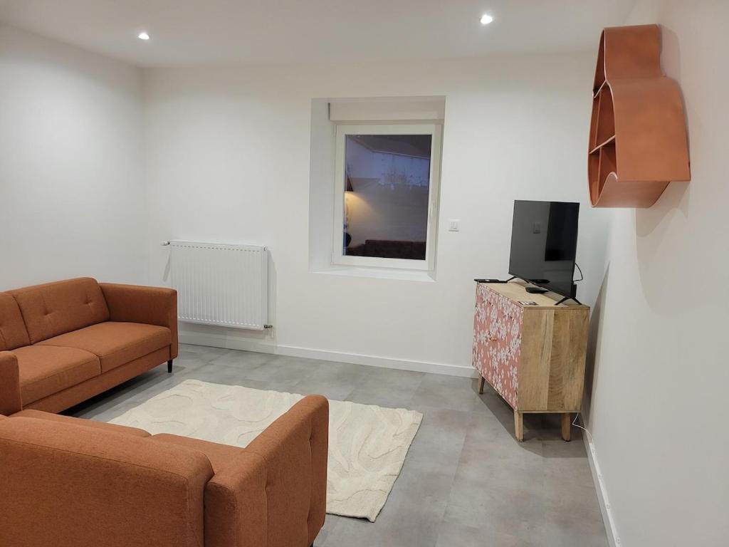 una sala de estar con un sofá y un televisor en L'instant Vosgien, en Laveline-devant-Bruyères
