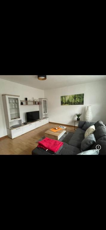 a living room with a black couch and a fireplace at Haus Cronenberg im Harz in Wernigerode