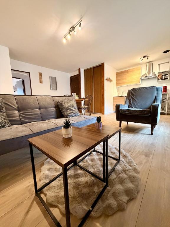 a living room with a couch and a coffee table at Le Thylleul - Centre-ville, parking in Albertville