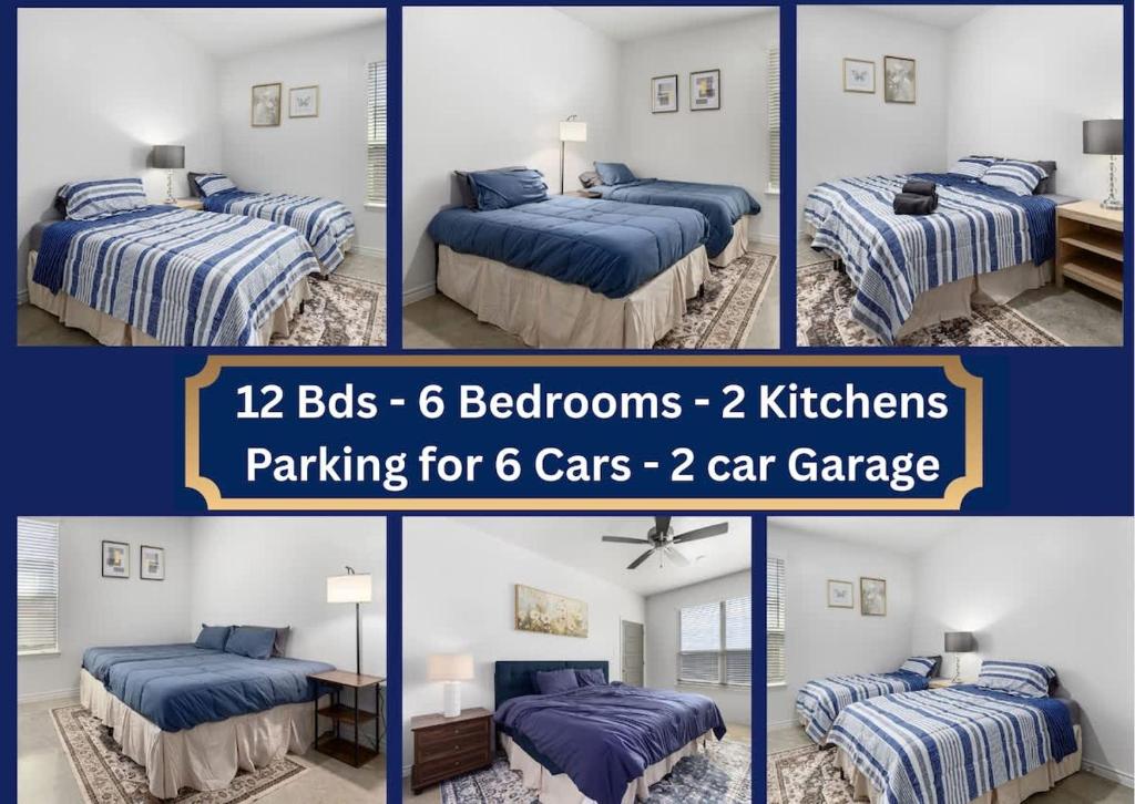 four pictures of a bedroom with four beds with blue sheets at NEW Temple 12 BD Contractor & Group Friendly in Temple