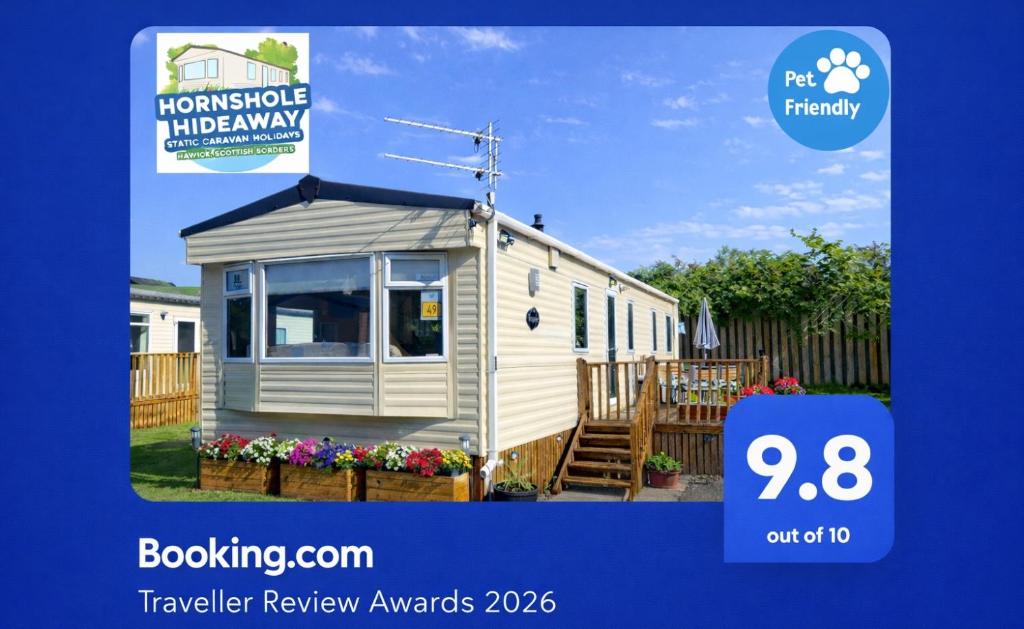 a flyer of a tiny house in a yard at Hornshole Hideaway in Hawick