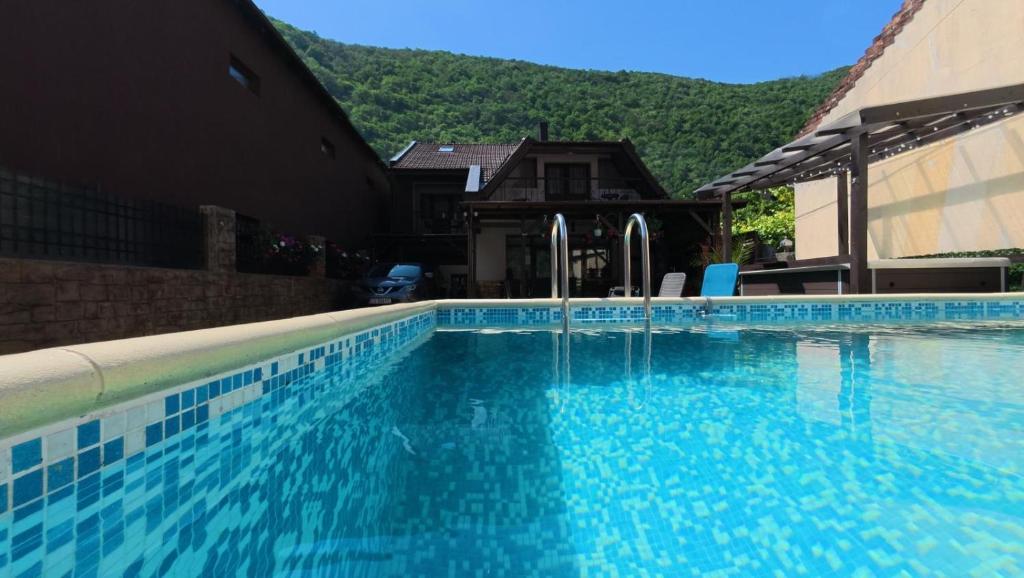 a large blue swimming pool with a mountain in the background at Casa Adriana in Băile Herculane